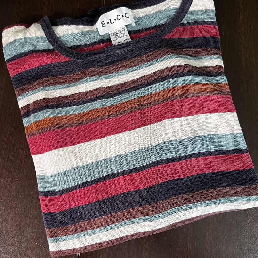 E.L.C.C.‎ Women's 2X Multicolor Stripe Silk Cotton Blend Short Sleeve Knit Top